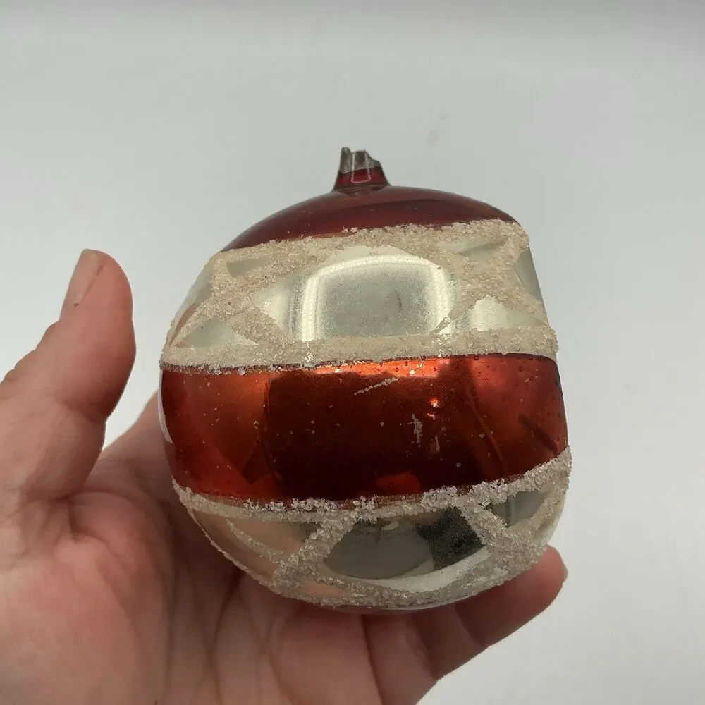 Vintage Mercury Glass Indent Christmas Ornament Red Silver Sugar Glitter AS IS